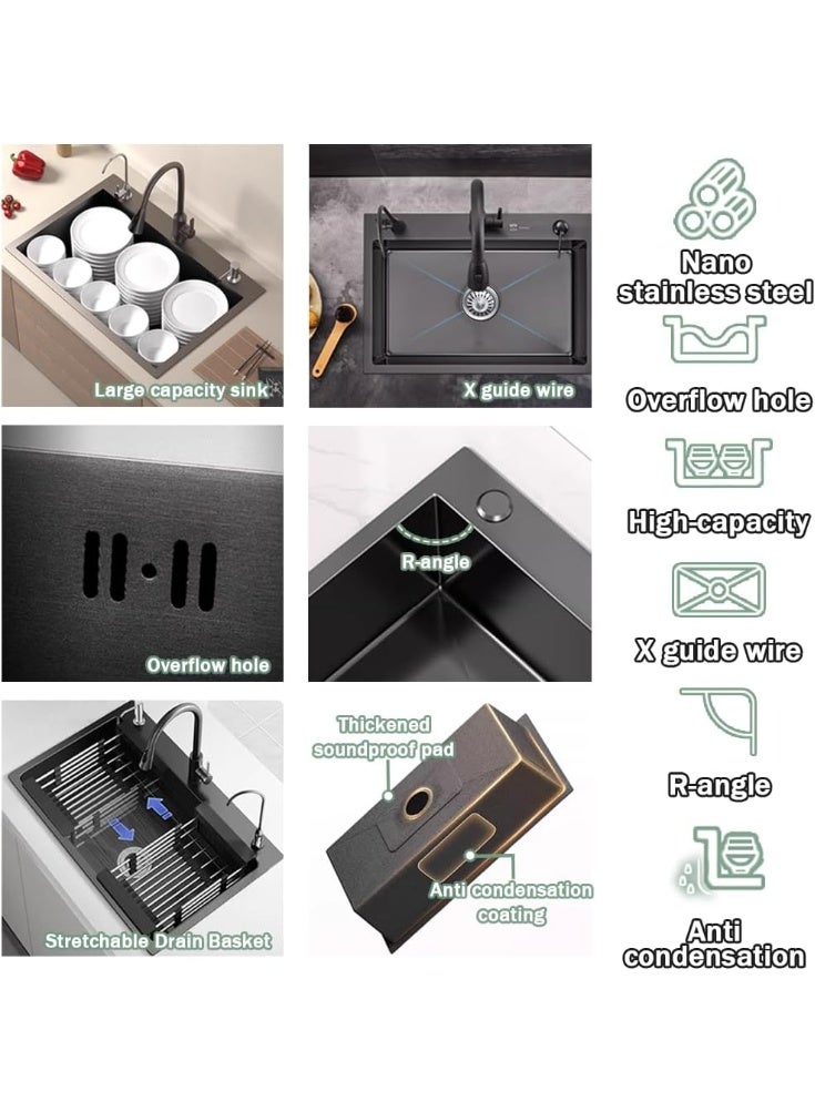 واي دي حوض مطبخ ستانلس ستيل تركيب علوي 60 × 45 × 20 سم، حوض مفرد بفتحات 3، مع مصفاة تصريف وموزع صابون، لون أسود مطفي - Image 4